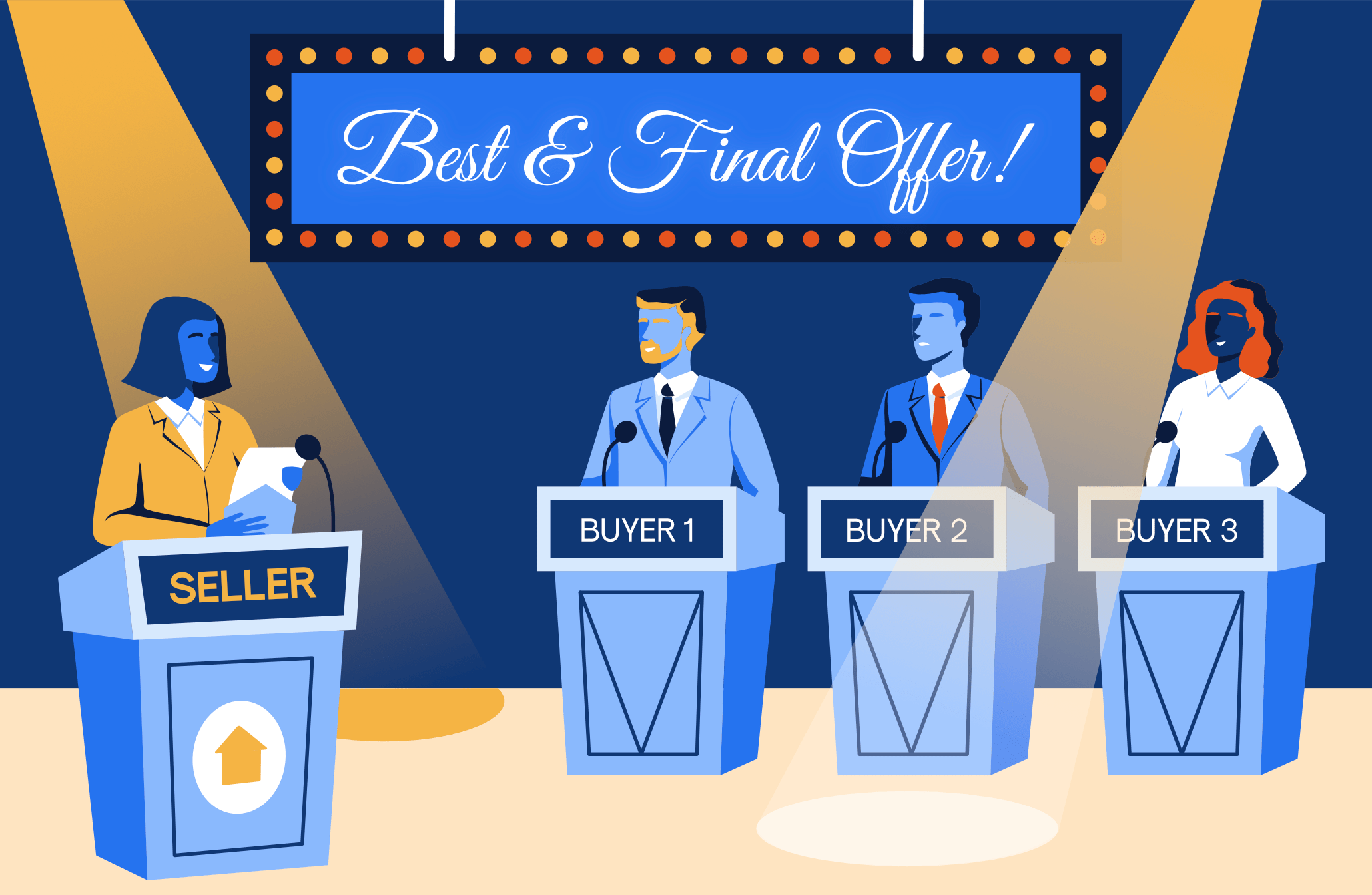 Buyers stand at game show podiums while the host reveals their best and final offers for their NYC apartment purchase