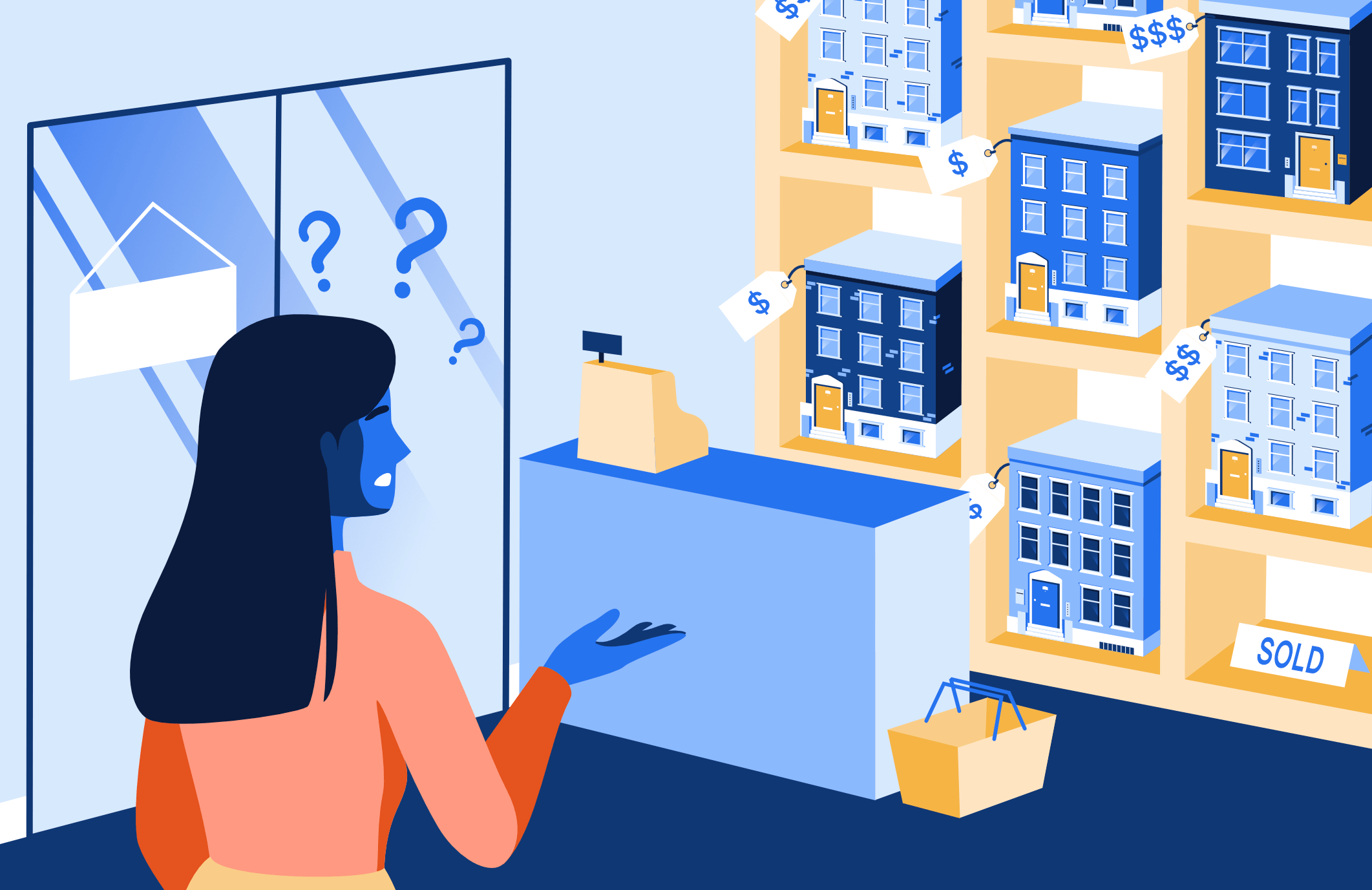 Buyer looking at a wall of miniature townhouses with price tags, unsure of which to buy