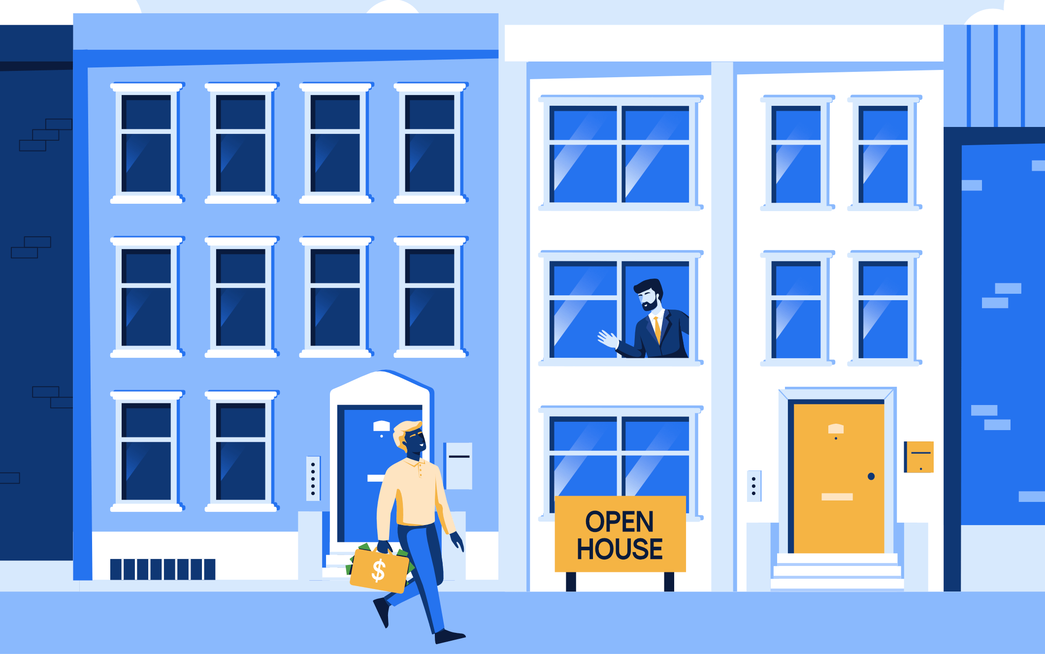 Excited seller looks their open house out window at a buyer showing up with cash