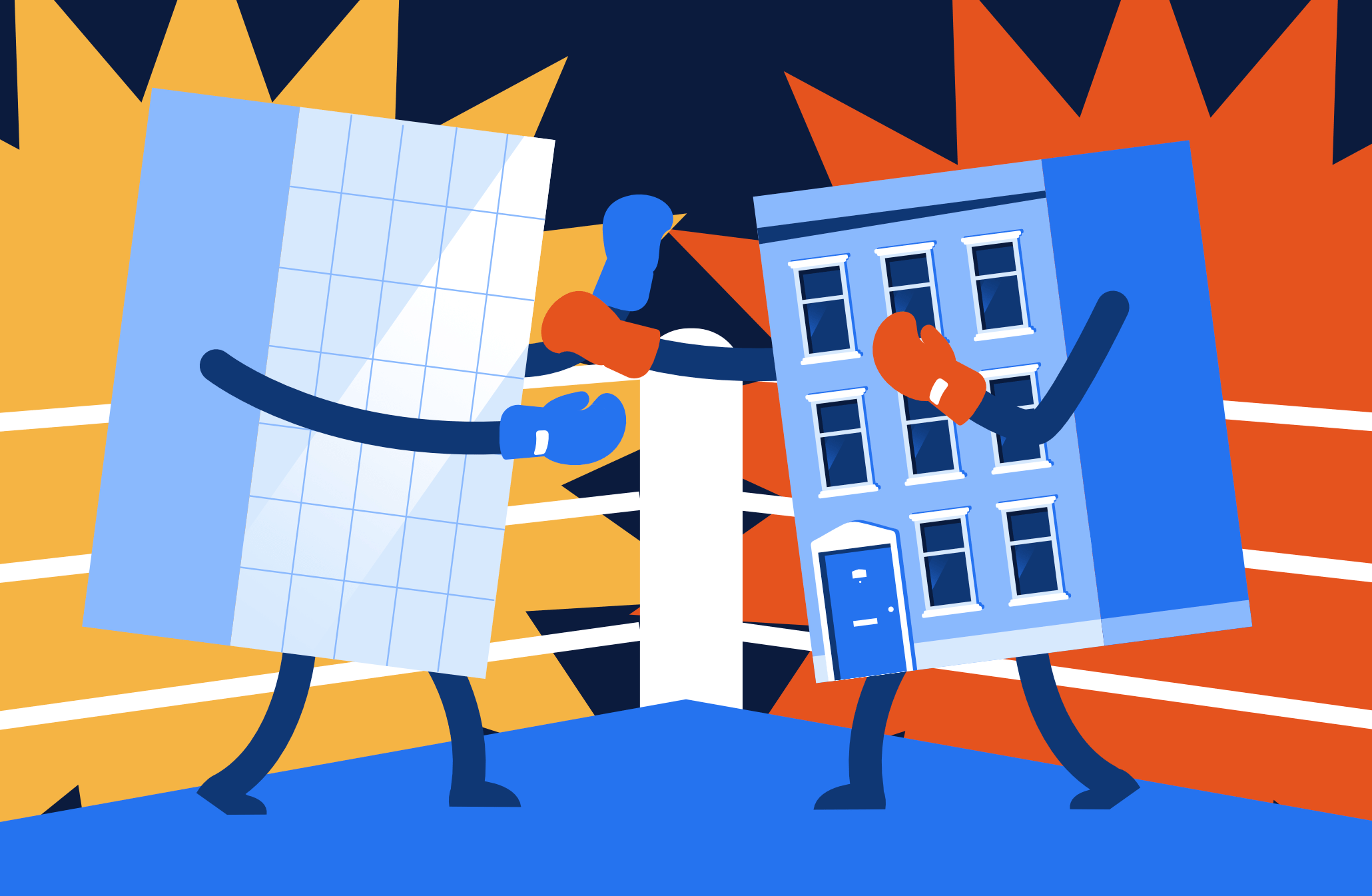 Rock'em sock'em robots toys fighting but with condo and co-op buildings for heads