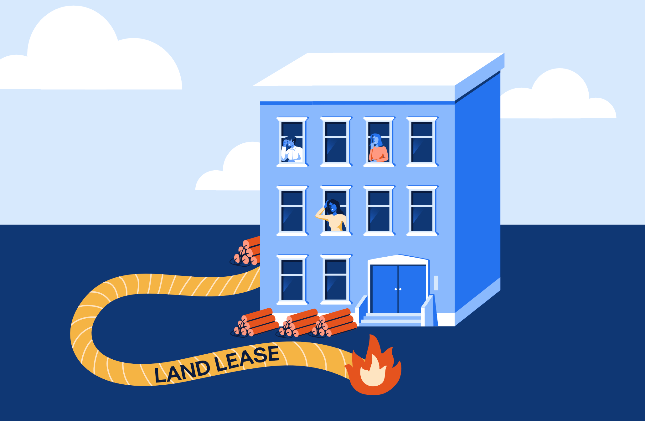 Nervous owners looking out their windows as a fuse labeled Land Lease attached to their building is burning