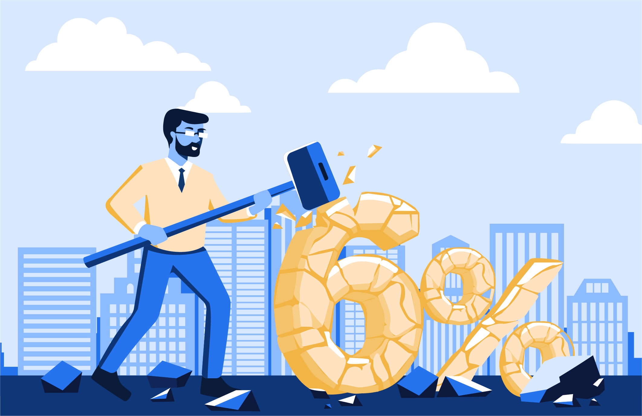 Man trying to smash the typical 6% real estate commission with a sledge hammer but it's just chipping a little bit