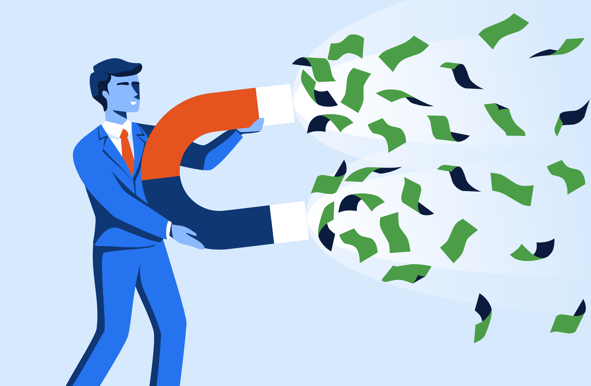 Real estate broker with a big magnet sucking up real estate broker commissions in the form of cash