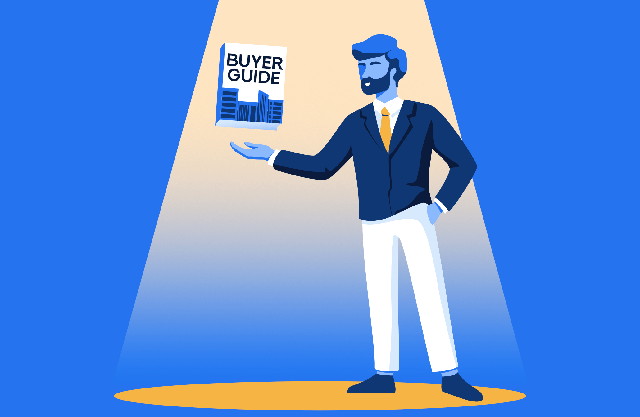 Confident buyer holding up a published Buyer's Guide