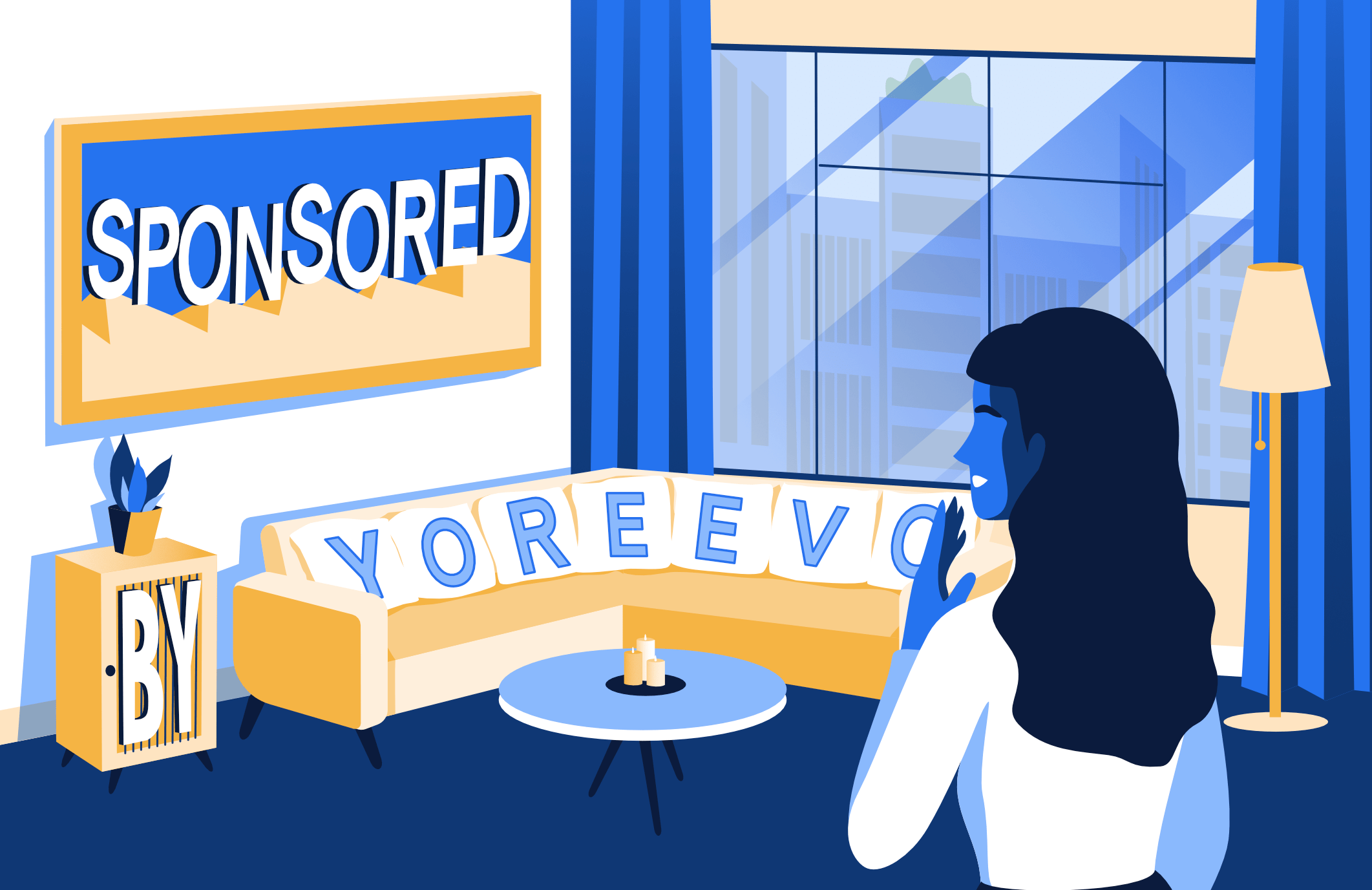 Buyer looking at a sponsor unit apartment with Sponsored By Yoreevo scattered around the room