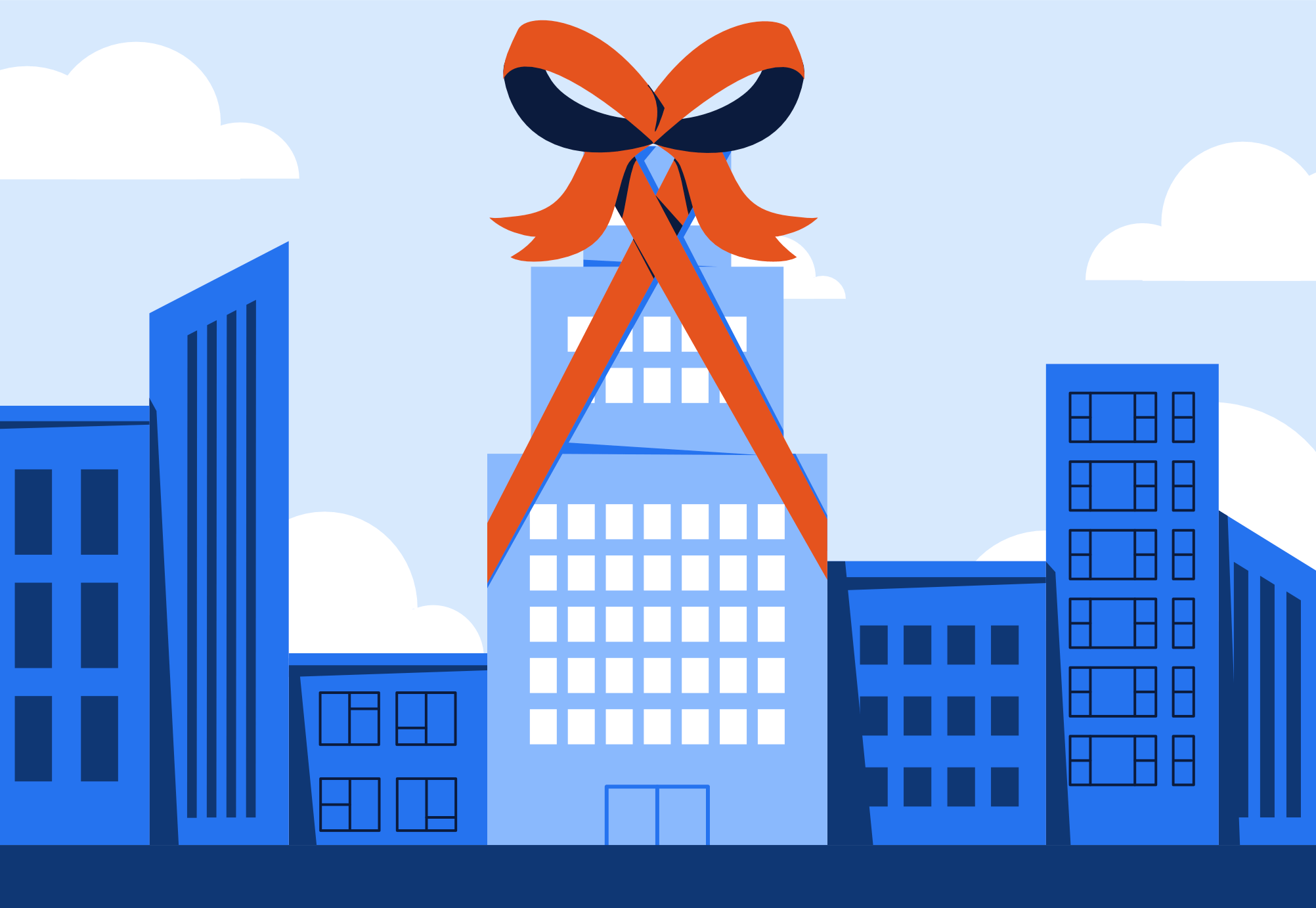 Shiny NYC new development building with a red bow on top