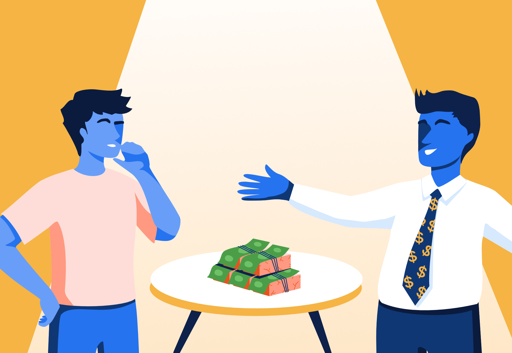 A buyer is showing the seller his stacks of cash as proof of funds but they're actually bricks with one bill on the outside