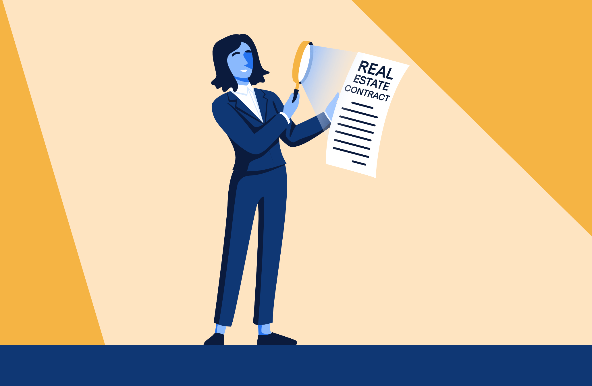 Buyer looking at a real estate contract with a magnifying glass to read the find print