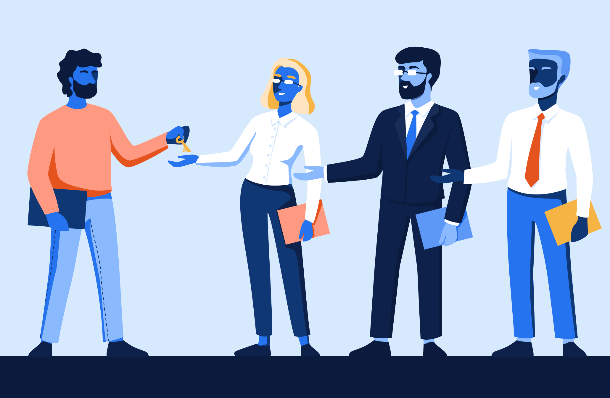 Seller handing keys to buyer and others with hands out for seller closing costs