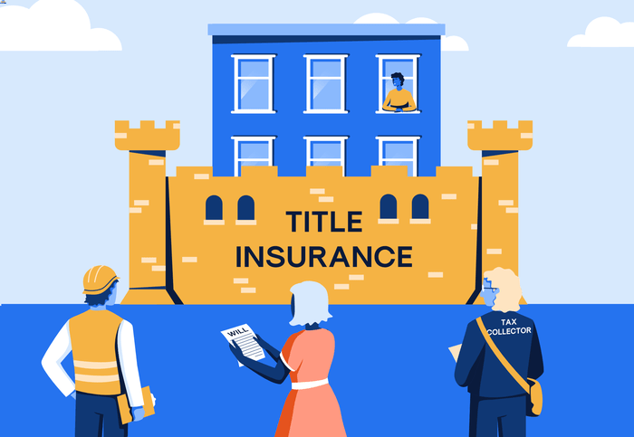 Apartment owner looking out his window over a castle wall labeled "Title Insurance" where a contractor, heir and tax collector are waiting.